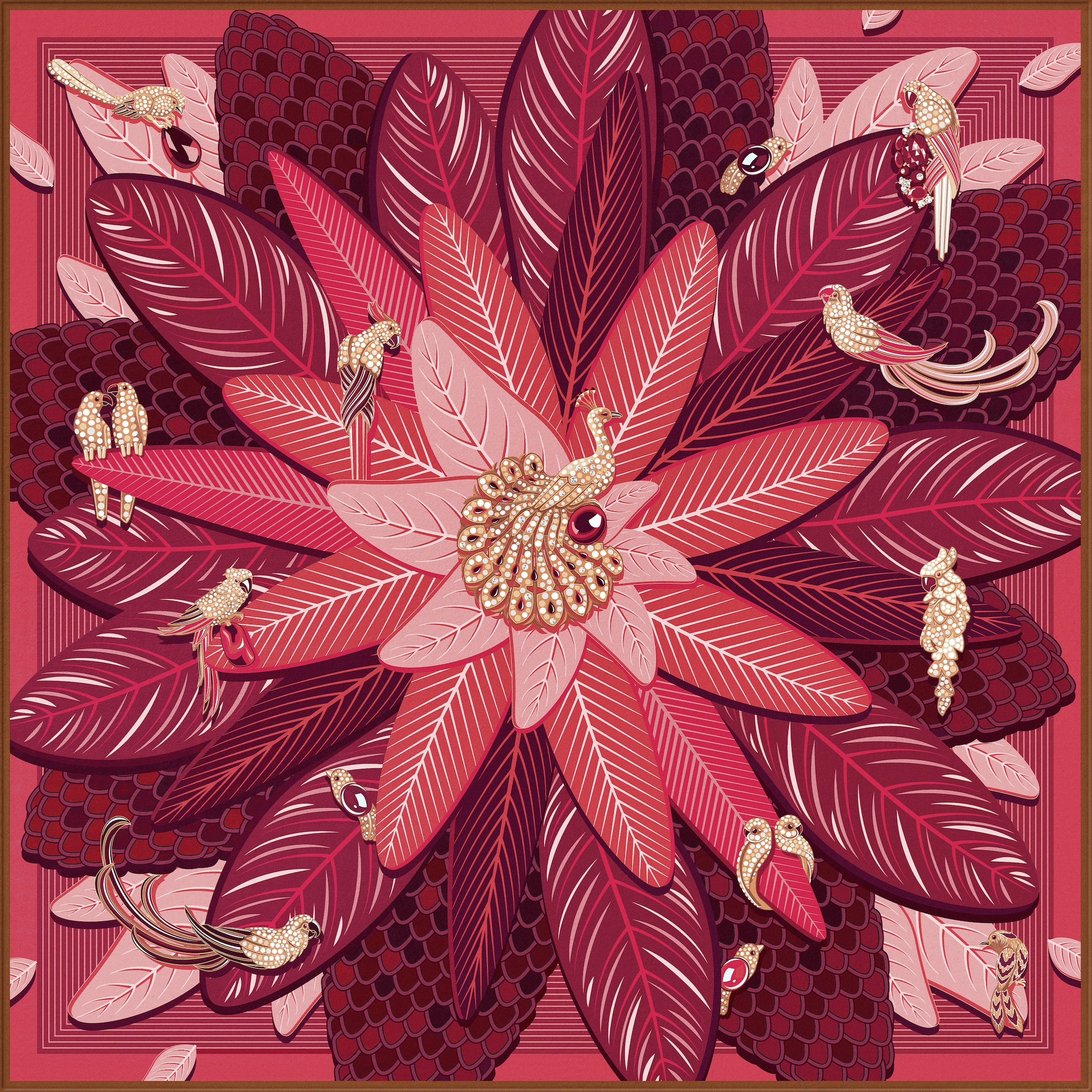 Birds of Paradise 90 scarf
Red and yellow silk twill