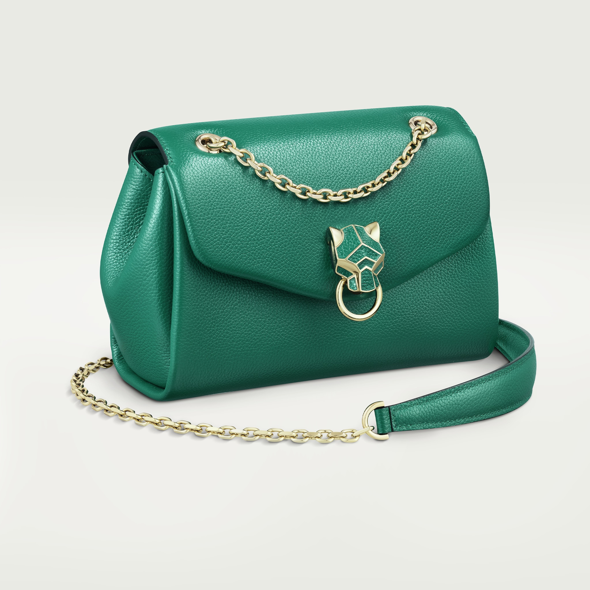 Chain bag mini, Panthère de CartierBright green calfskin, golden finish