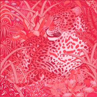 Panther in the Jungle 90 scarf Coral silk twill