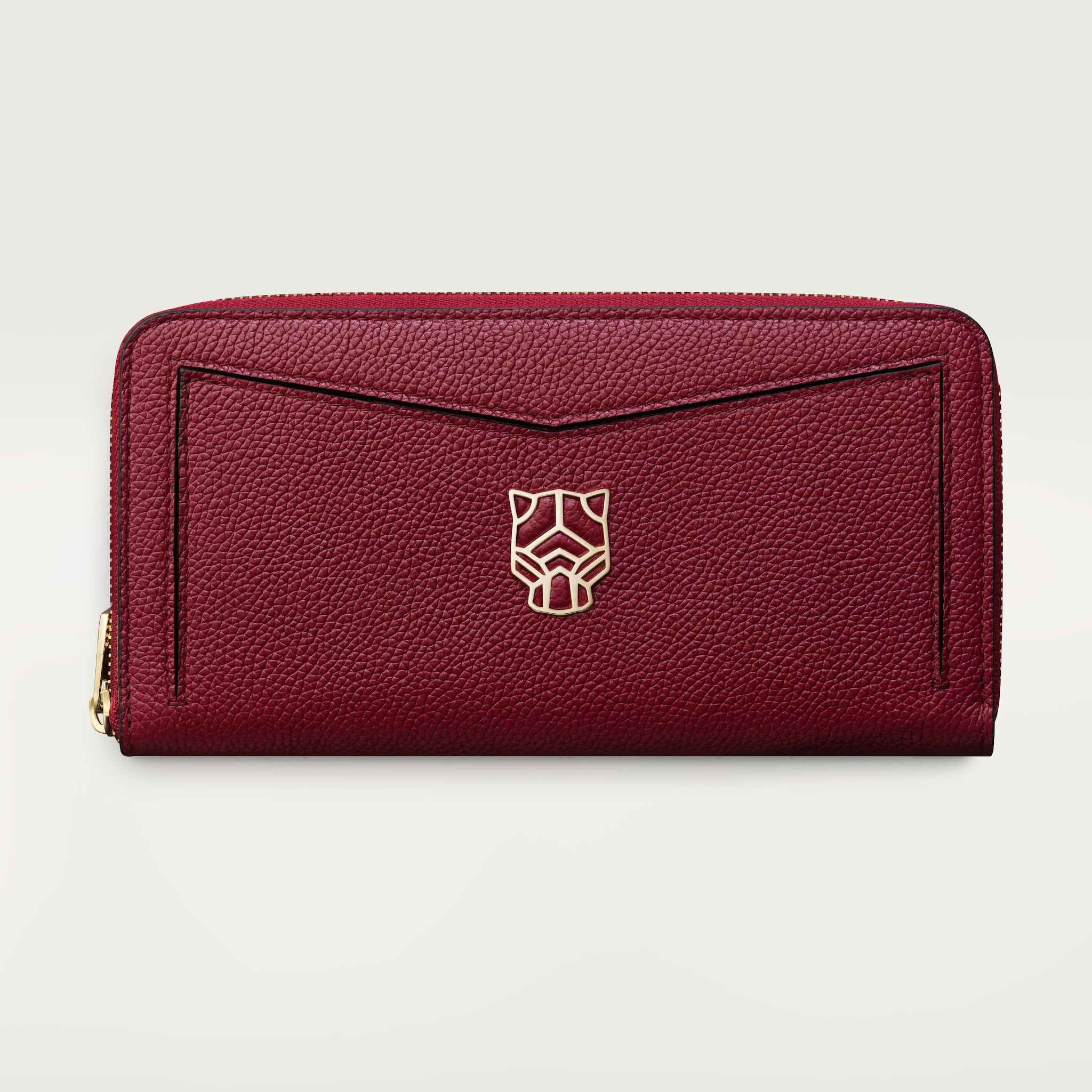 Zipped international wallet, Panthère de CartierBurgundy grained calfskin, golden finish