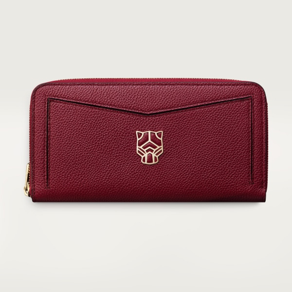 Zipped international wallet, Panthère de Cartier Burgundy grained calfskin, golden finish