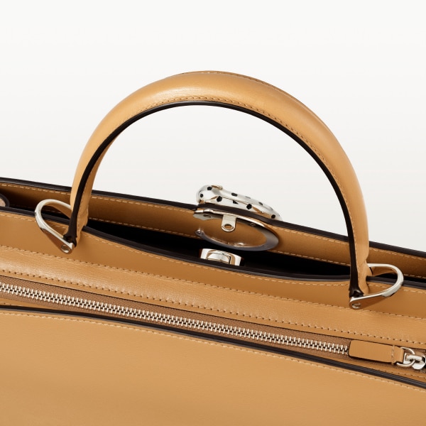 Handle bag mini model, Panthère de Cartier Camel beige calfskin, palladium finish