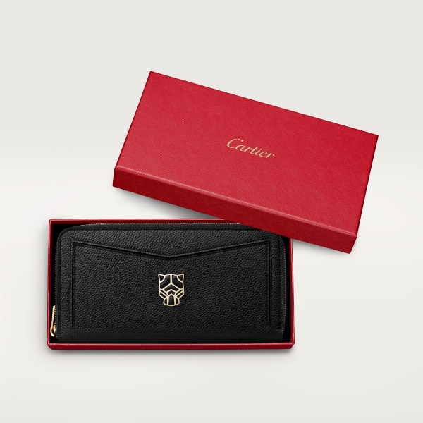 Zipped international wallet, Panthère de Cartier Black grained calfskin, golden finish