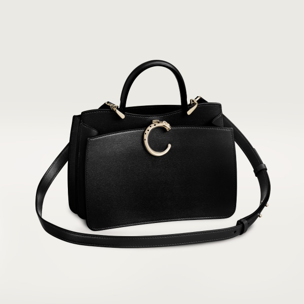 Handle bag mini model, Panthère de Cartier Black calfskin, golden finish