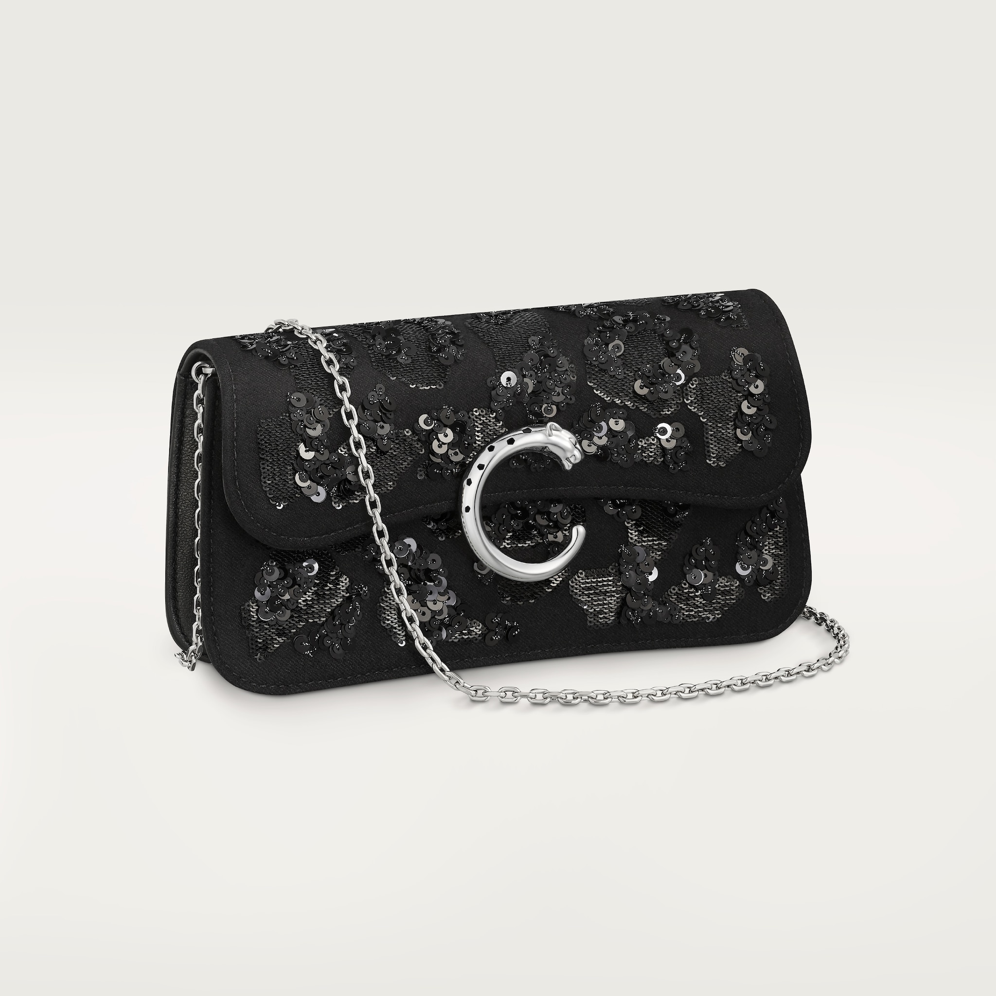 Panthère de Cartier bag, chain bagLeopard embroidery in pearls and shiny thread, wool base, fabric, palladium finish and black enamel