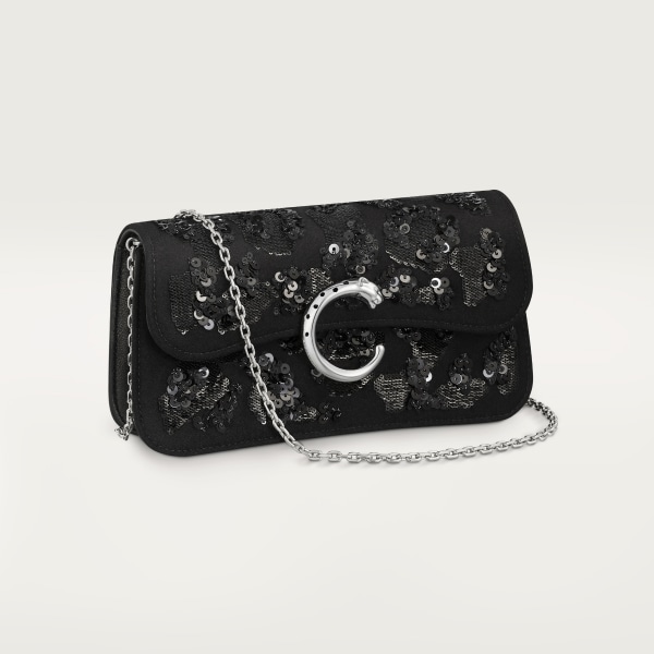 Panthère de Cartier bag, chain bag Leopard embroidery in pearls and shiny thread, wool base, fabric, palladium finish and black enamel