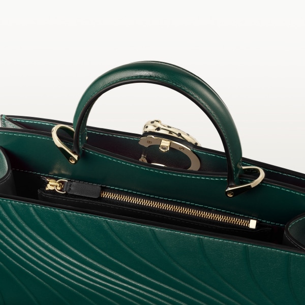 Handle bag mini model, Panthère de Cartier Emerald green calfskin, embossed Cartier signature motif, golden finish