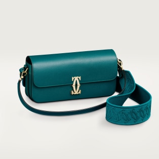 East-west bag, C de Cartier Petrol blue textured calfskin, embroidery, golden finish