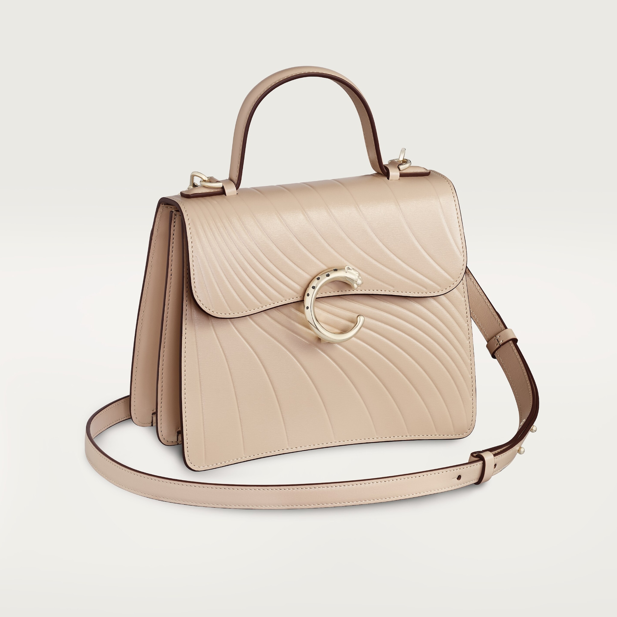 Small model handle bag, Panthère de CartierLight beige calfskin, embossed Cartier signature motif, golden finish