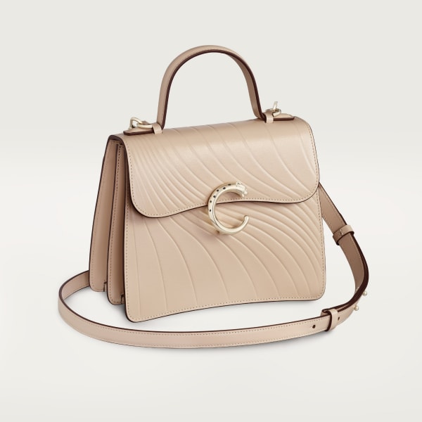 Small model handle bag, Panthère de Cartier Light beige calfskin, embossed Cartier signature motif, golden finish