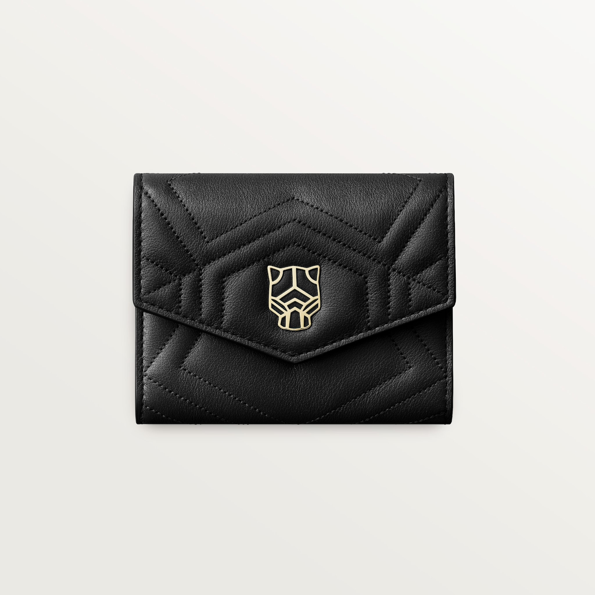 Mini wallet, Panthère de CartierBlack quilted calfskin, golden finish