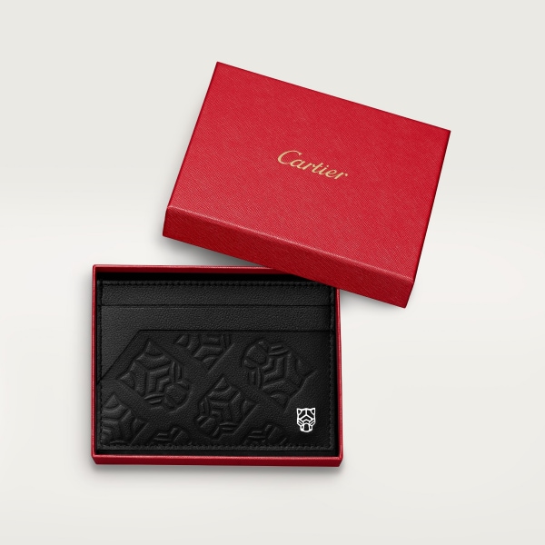 Double card holder, Panthère de Cartier Black embossed calfskin, palladium finish 