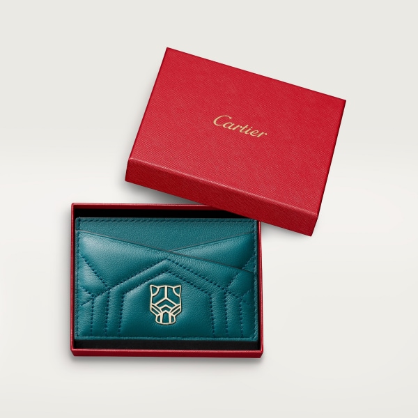 Simple card holder, Panthère de Cartier Petrol blue quilted calfskin, golden finish