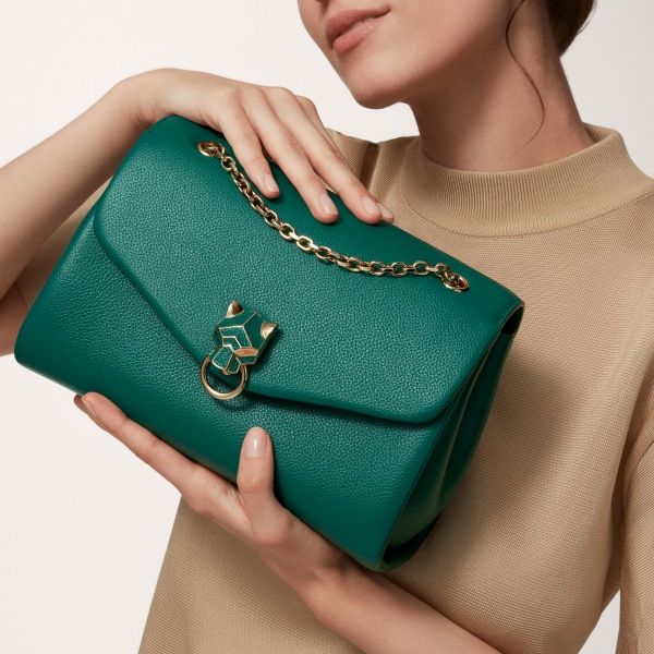 Chain bag small model, Panthère de Cartier Bright green calfskin, golden finish