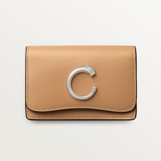 Business card holder with zip, Panthère de Cartier Camel beige calfskin, palladium finish