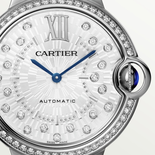 Ballon Bleu de Cartier watch 36 mm, automatic mechanical movement, steel, diamonds