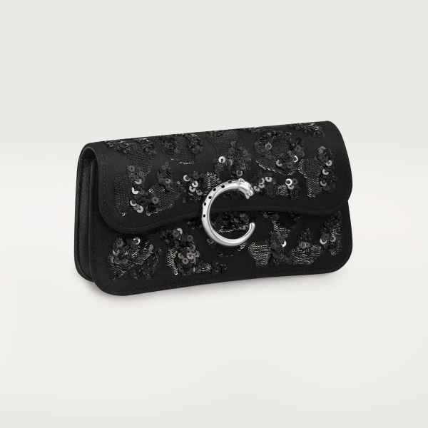 Panthère de Cartier bag, chain bag Leopard embroidery in pearls and shiny thread, wool base, fabric, palladium finish and black enamel