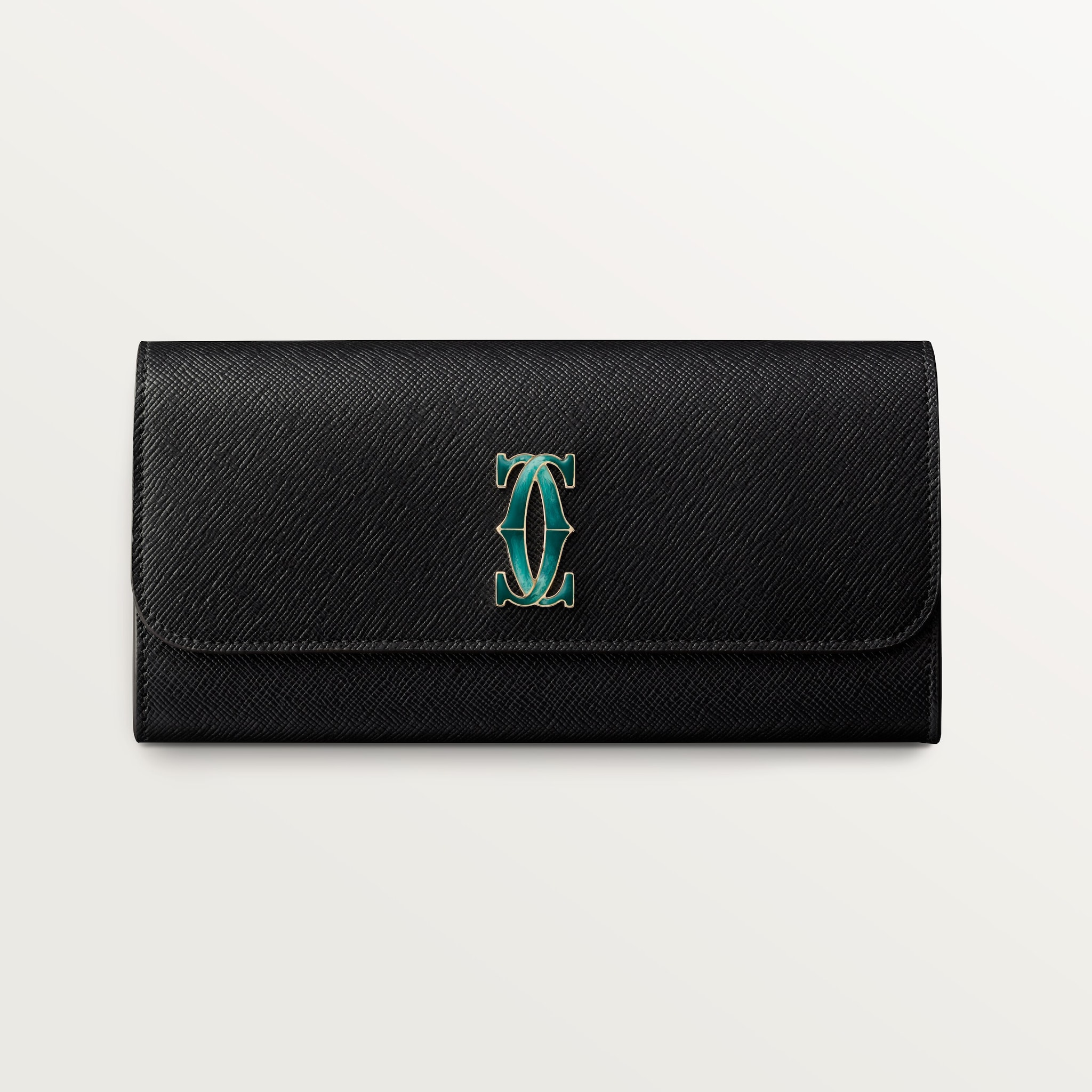 International wallet with flap, C de CartierBlack textured calfskin, golden finish and graduated green enamel