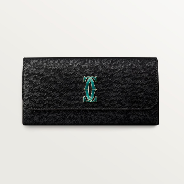 International wallet with flap, C de Cartier Black textured calfskin, golden finish and graduated green enamel