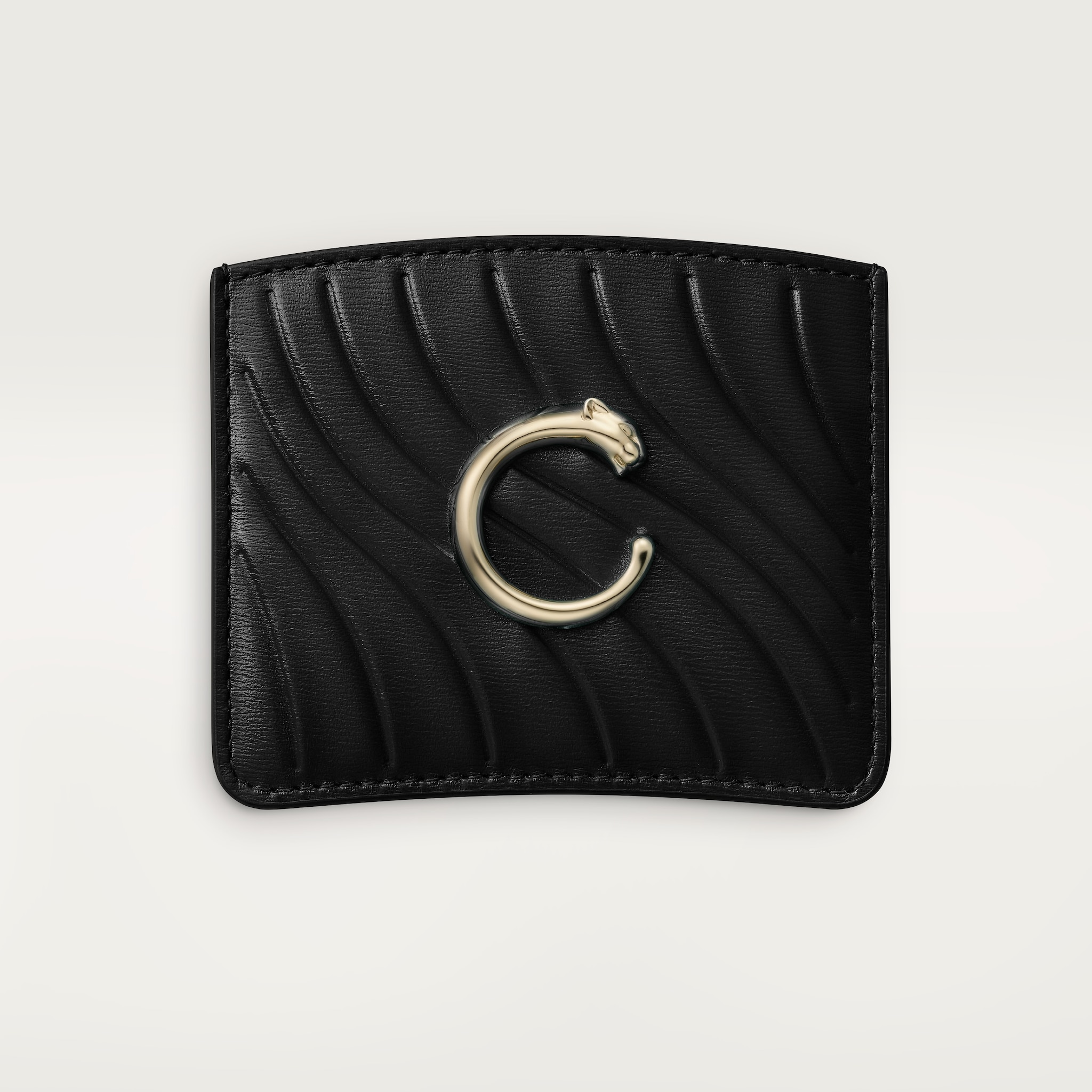 Simple card holder, Panthère de CartierBlack calfskin, embossed Cartier signature motif, golden finish