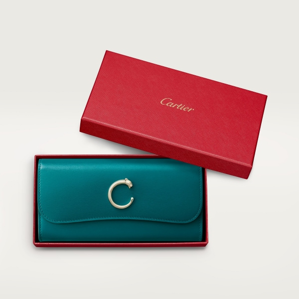 International wallet with flap, Panthère de Cartier Petrol blue calfskin, golden finish