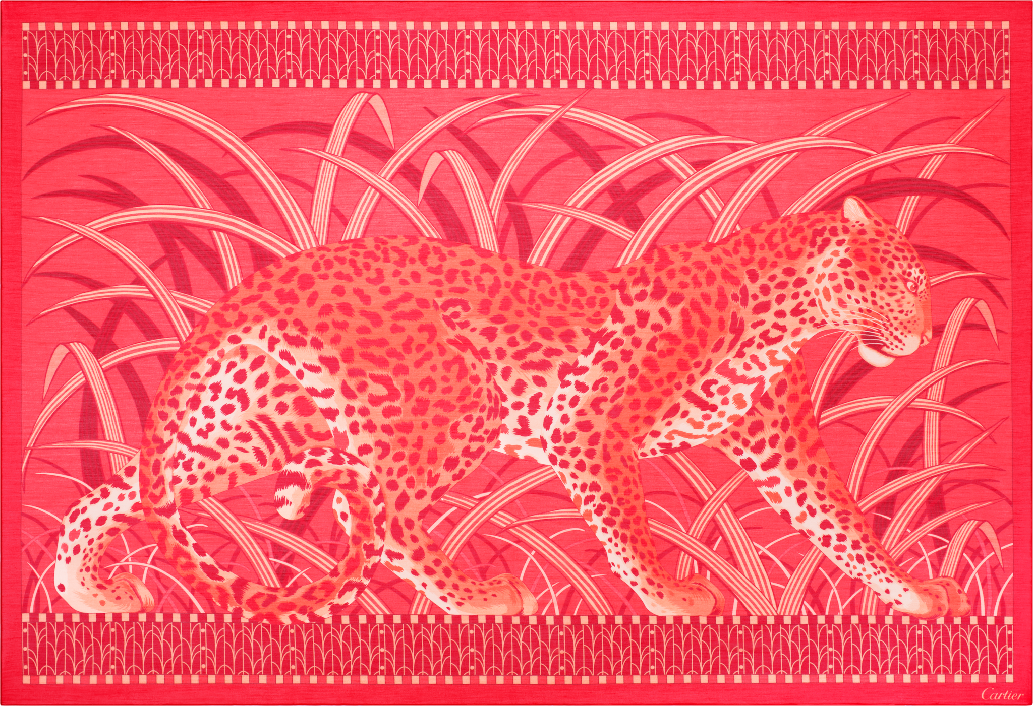 Pañuelo rectangular Panther in the jungleAlgodón y twill de seda coral