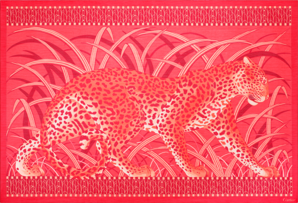 Panther in the Jungle rectangular scarf Coral cotton and silk twill