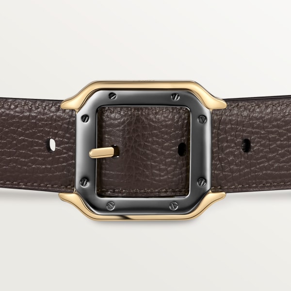 Belt, Santos de Cartier Black and brown grained cowhide, golden-finish and palladium-finish buckle