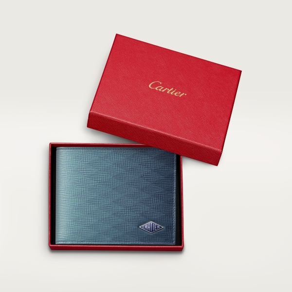 Six-credit card compact wallet, Cartier Losange Steel grey calfskin with prismatic print, palladium-plated finish and deep blue enamel