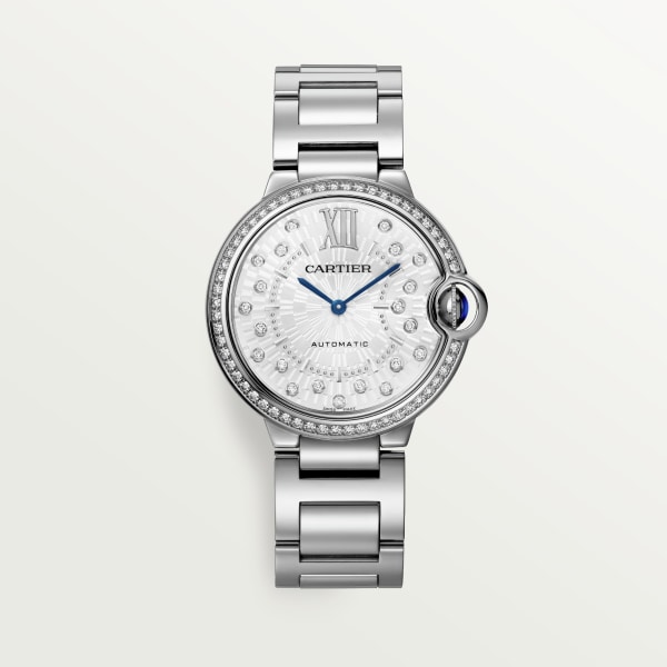 Ballon Bleu de Cartier watch 36 mm, automatic mechanical movement, steel, diamonds