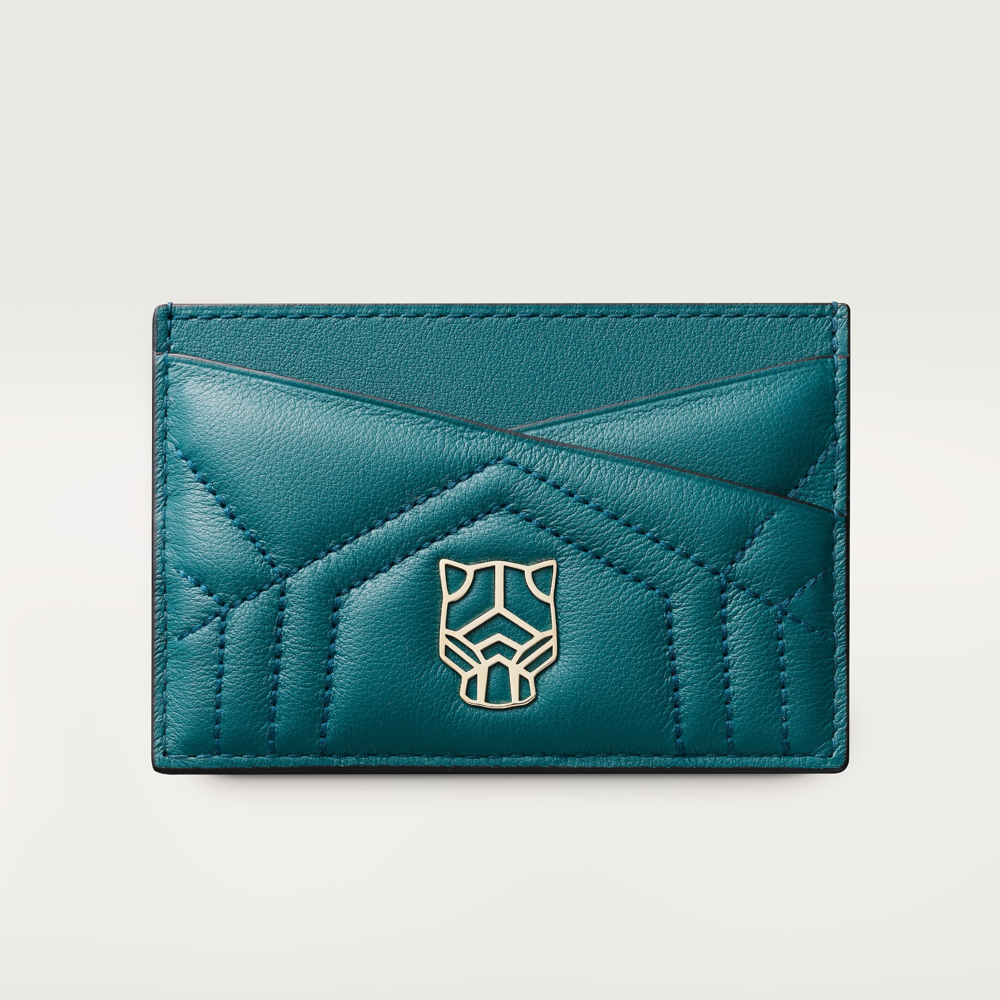 Simple card holder, Panthère de CartierPetrol blue quilted calfskin, golden finish