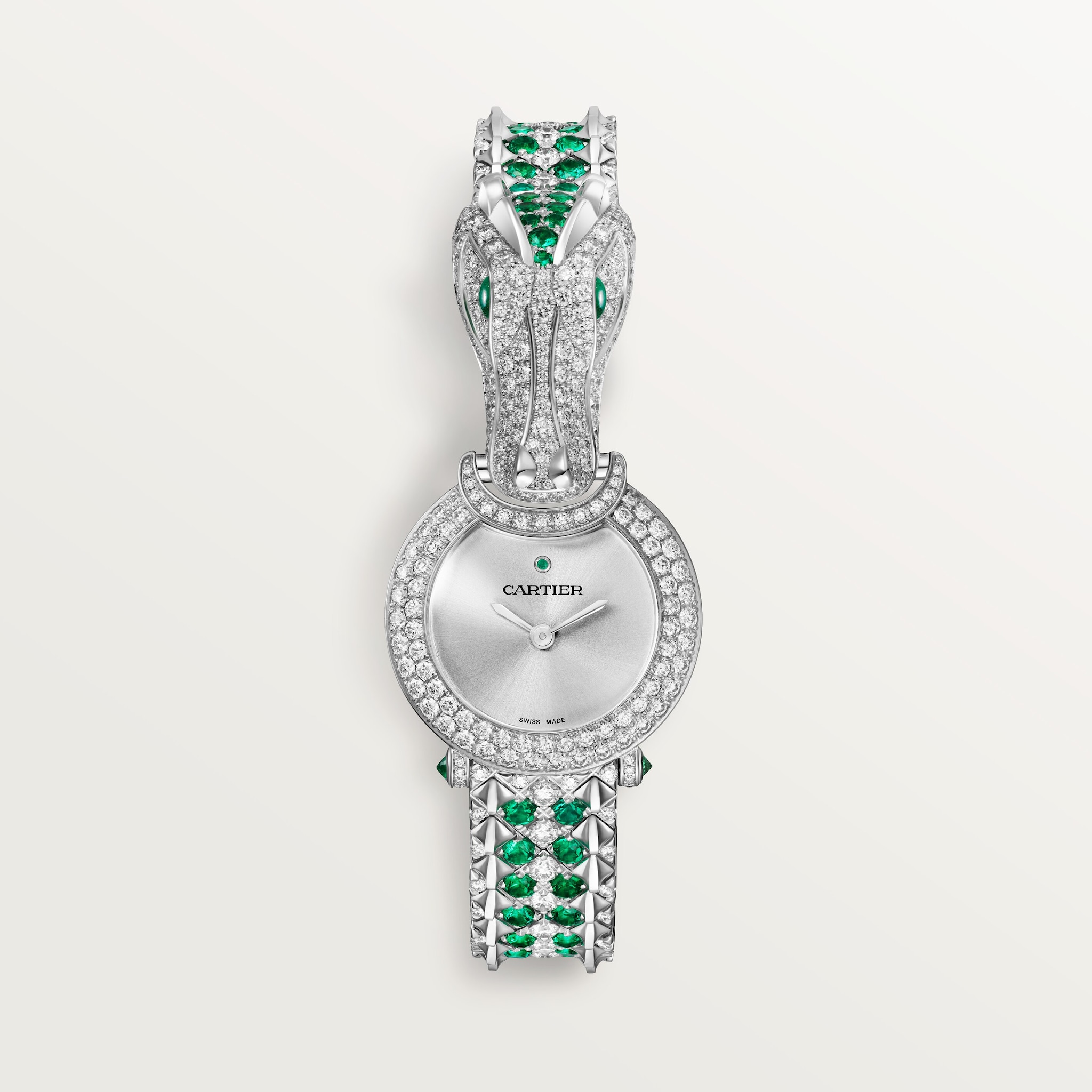 Reloj joya con animales 23,6 mm, movimiento de cuarzo, oro blanco, esmeraldas, diamantes