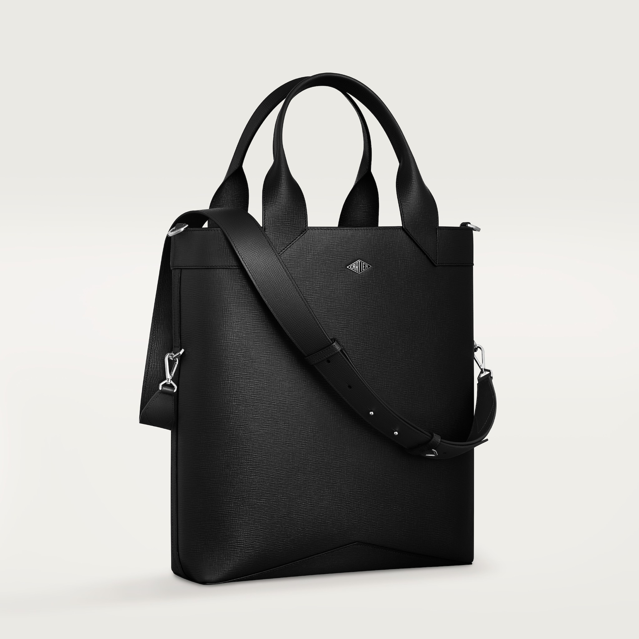 Small tote bag, Cartier LosangeGrained black calfskin, palladium finish and enamel