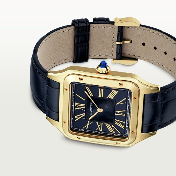 Reloj Santos-Dumont Tamaño grande, movimiento de cuarzo, oro amarillo, piel