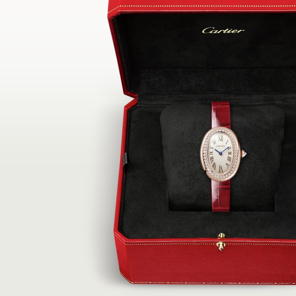 Reloj Baignoire Tamaño pequeño, movimiento de cuarzo, oro rosa, diamantes, piel