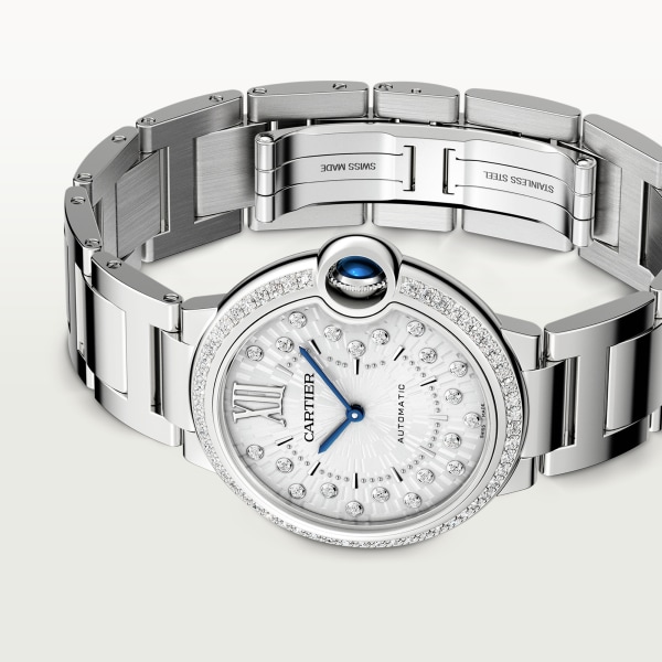 Ballon Bleu de Cartier watch 36 mm, automatic mechanical movement, steel, diamonds