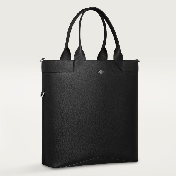 Large black tote bag, Cartier Losange Grained black calfskin, palladium finish and enamel