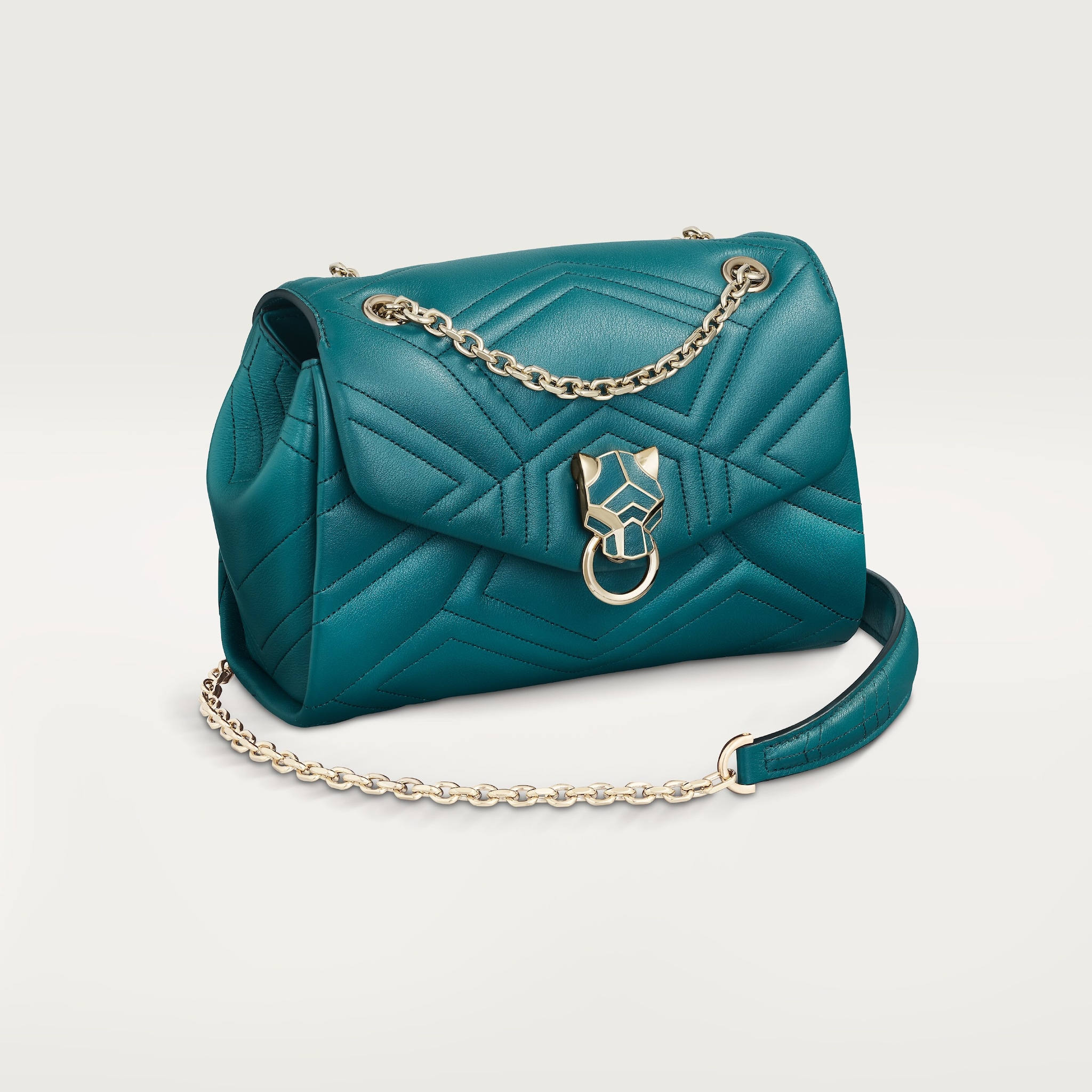 Mini model chain bag, Panthère de CartierPetrol blue quilted calfskin, golden finish