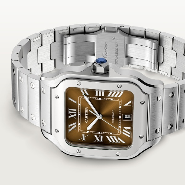Reloj Santos de Cartier Tamaño grande, movimiento automático, acero, brazalete de metal y correa de piel intercambiables