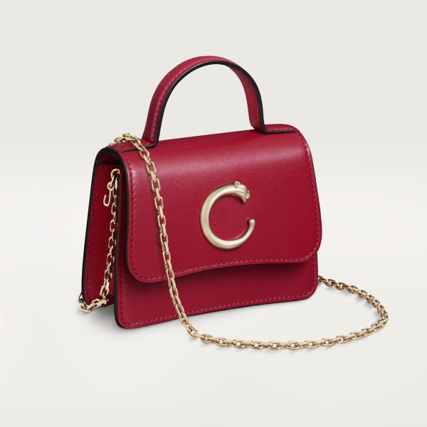 Chain bag micro model, Panthère de Cartier Cherry red calfskin, golden finish