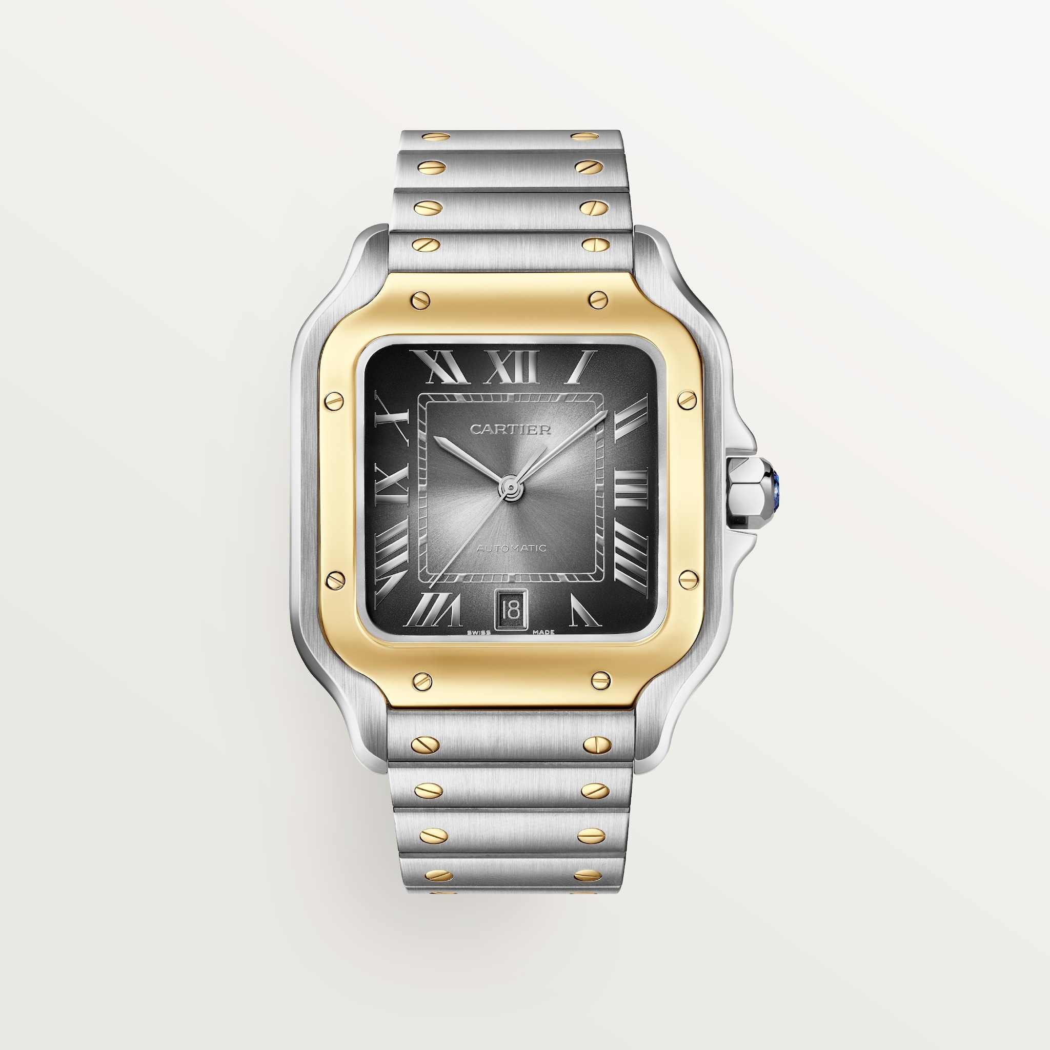 Reloj Santos de CartierTamaño grande, movimiento automático, oro amarillo y acero, brazalete de metal y correa de piel intercambiables