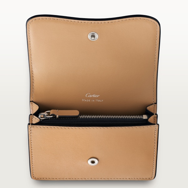 Business card holder with zip, Panthère de Cartier Camel beige calfskin, palladium finish