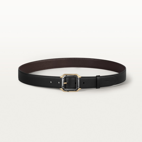 Belt, Santos de Cartier Black and brown grained cowhide, golden-finish and palladium-finish buckle