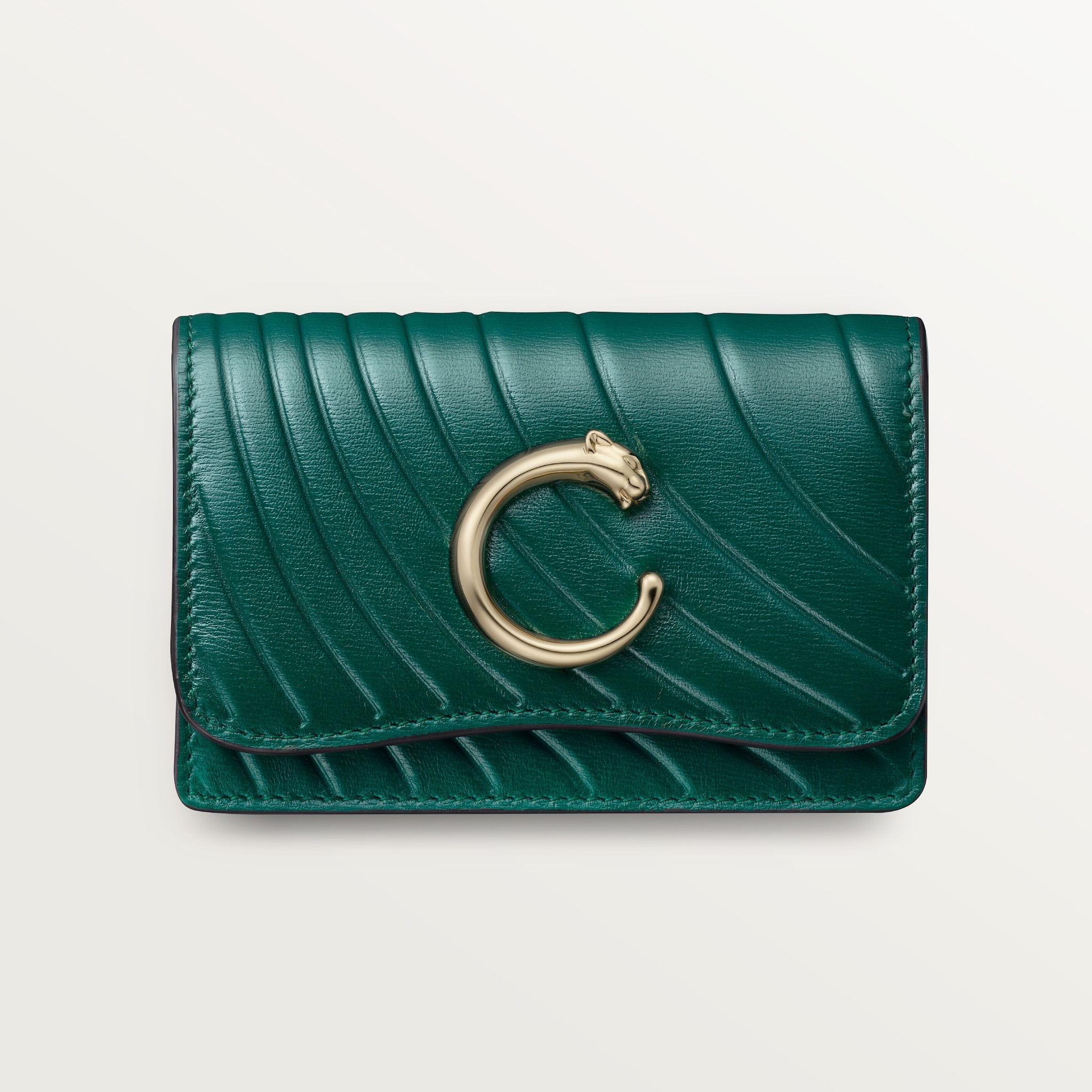 Business card holder with zip, Panthère de CartierEmerald green calfskin with embossed Cartier signature motif, golden finish