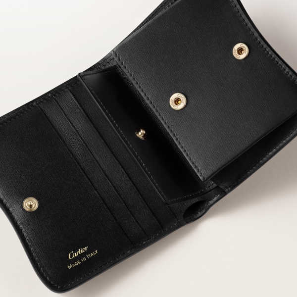 Bifold wallet, Panthère de Cartier Black calfskin, golden finish