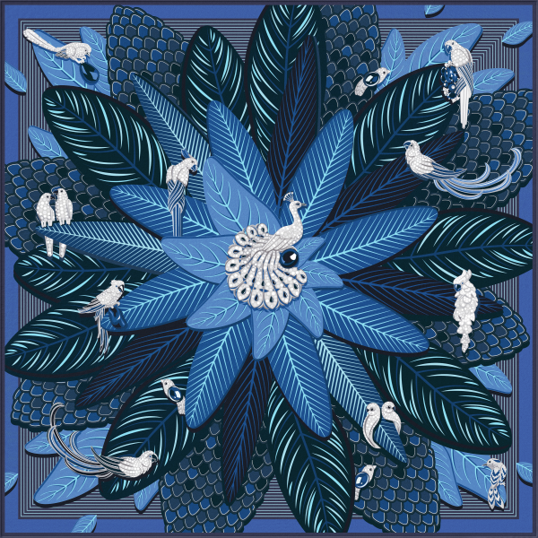 Birds of Paradise 90 scarf
 Blue and green silk twill