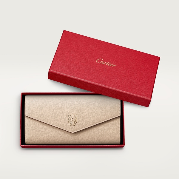 International wallet with flap, Panthère de Cartier Light beige grained calfskin, golden finish