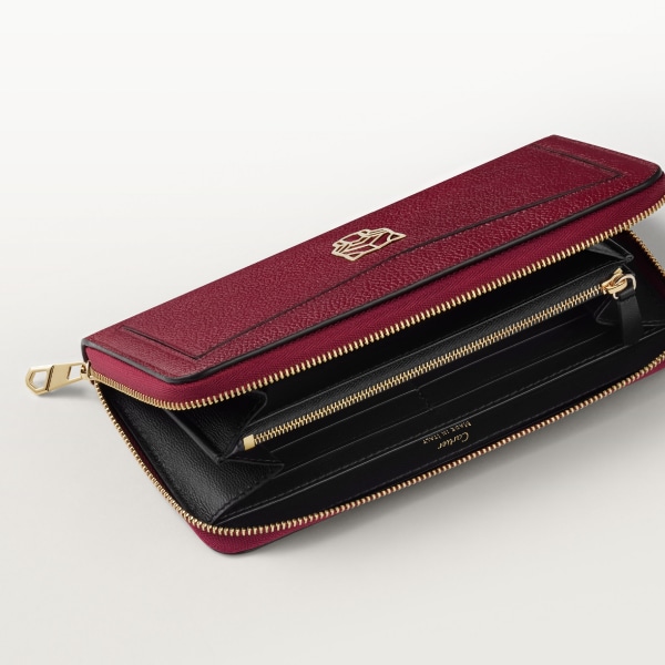 Zipped international wallet, Panthère de Cartier Burgundy grained calfskin, golden finish