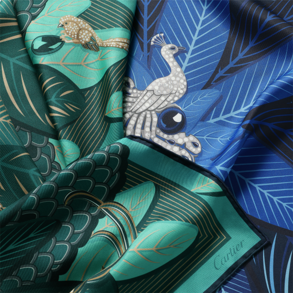 Birds of Paradise 90 scarf
 Blue and green silk twill