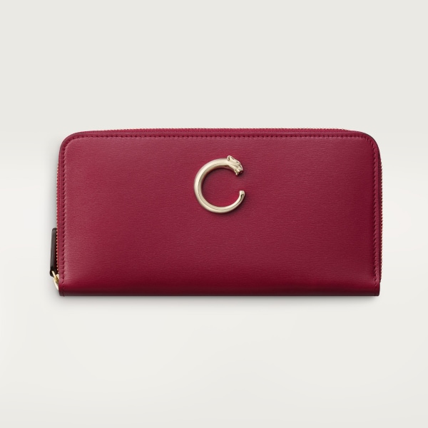 Zipped international wallet, Panthère de Cartier Cherry red calfskin, golden finish